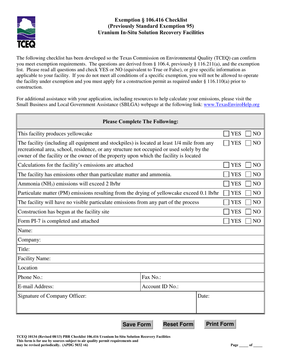 Form TCEQ-10134 Exemption 106.416 Checklist Uranium in-Situ Solution Recovery Facilities - Texas, Page 1