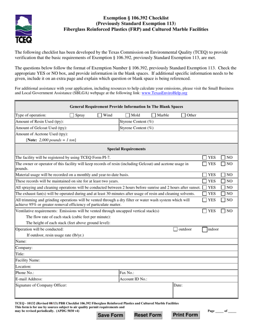 Form TCEQ-10132 Exemption 106.392 Checklist Fiberglass Reinforced Plastics (Frp) and Cultured Marble Facilities - Texas