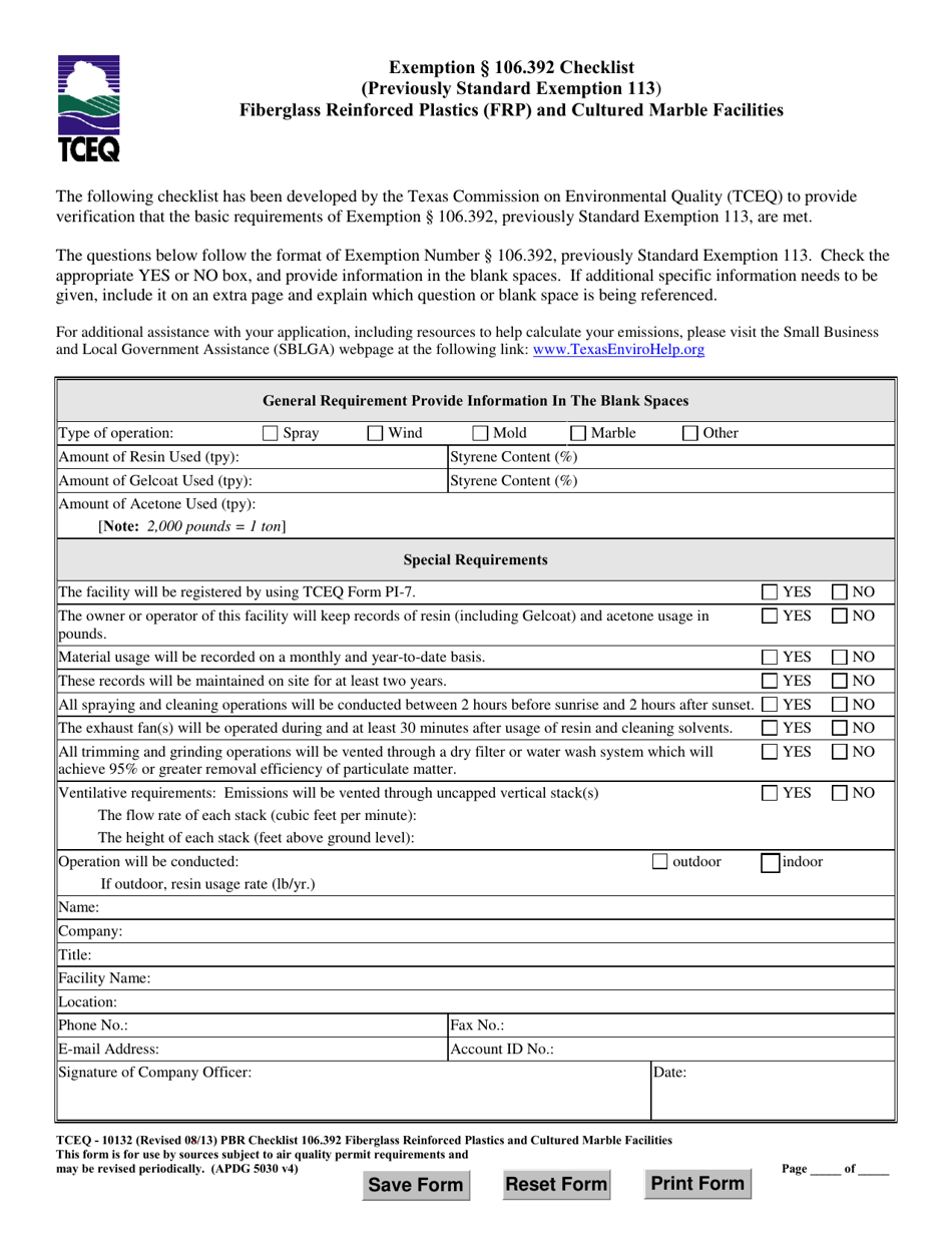 Form TCEQ-10132 Exemption 106.392 Checklist Fiberglass Reinforced Plastics (Frp) and Cultured Marble Facilities - Texas, Page 1