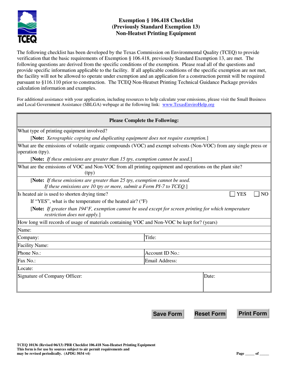 Form Tceq Download Fillable Pdf Or Fill Online Exemption Checklist Non Heatset