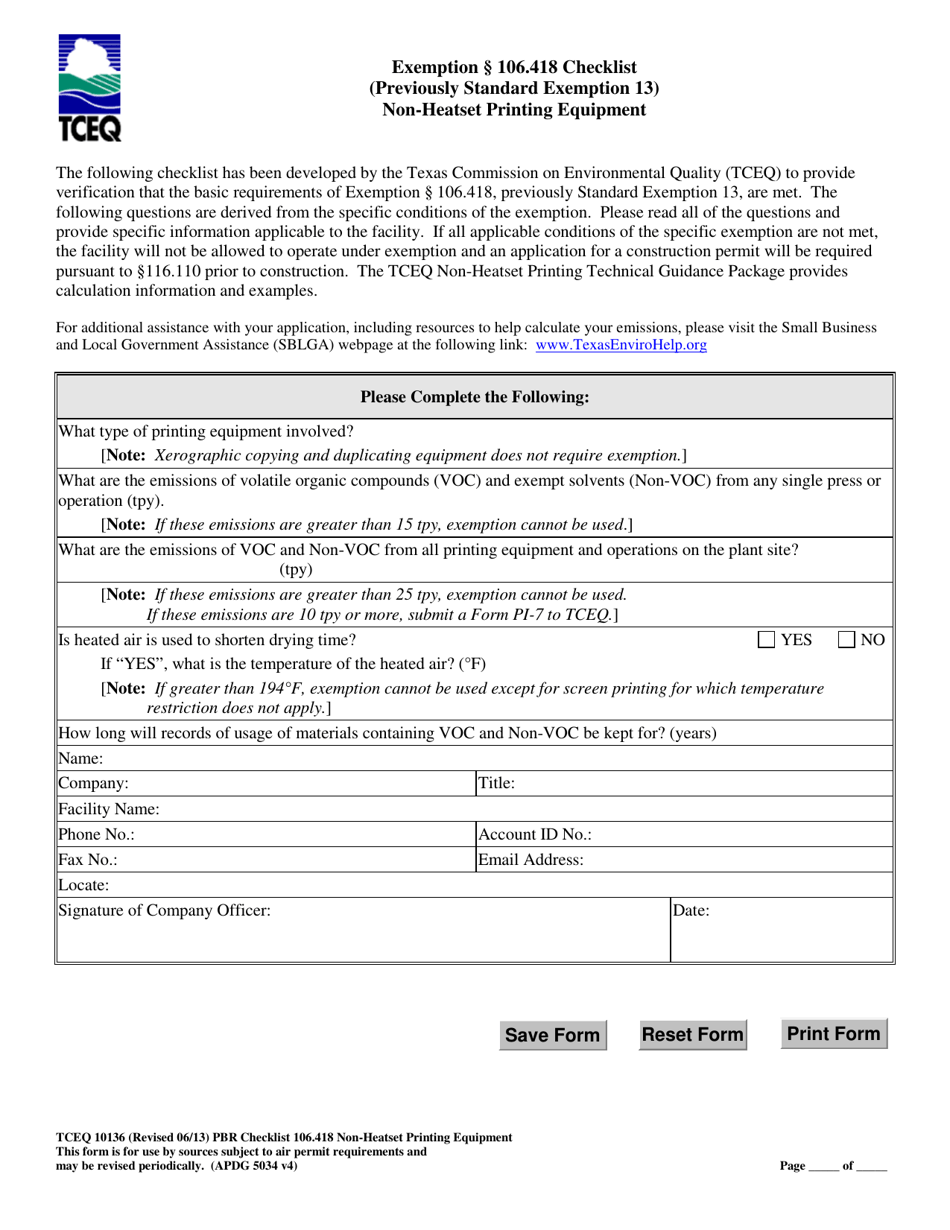 Form TCEQ-10136 Exemption 106.418 Checklist Non-heatset Printing Equipment - Texas, Page 1