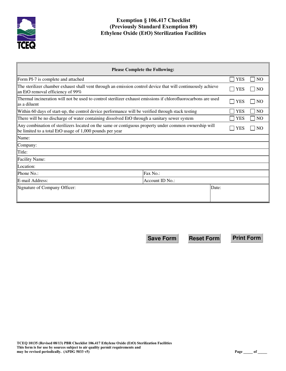 Form TCEQ-10135 Exemption 106.417 Checklist Ethylene Oxide (Eto) Sterilization Facilities - Texas, Page 2