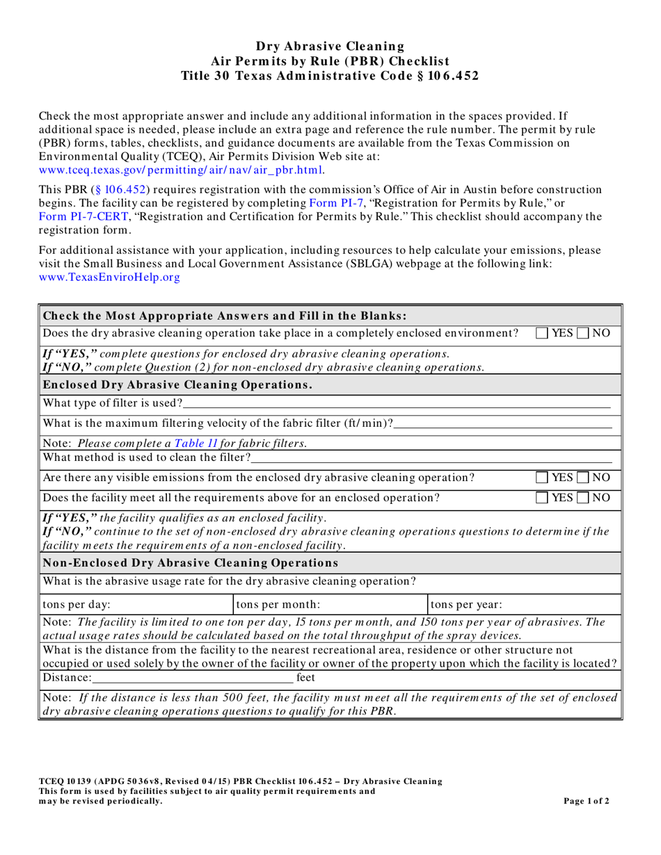 Form TCEQ-10139 Dry Abrasive Cleaning Air Permits by Rule 106.452 Checklist - Texas, Page 1