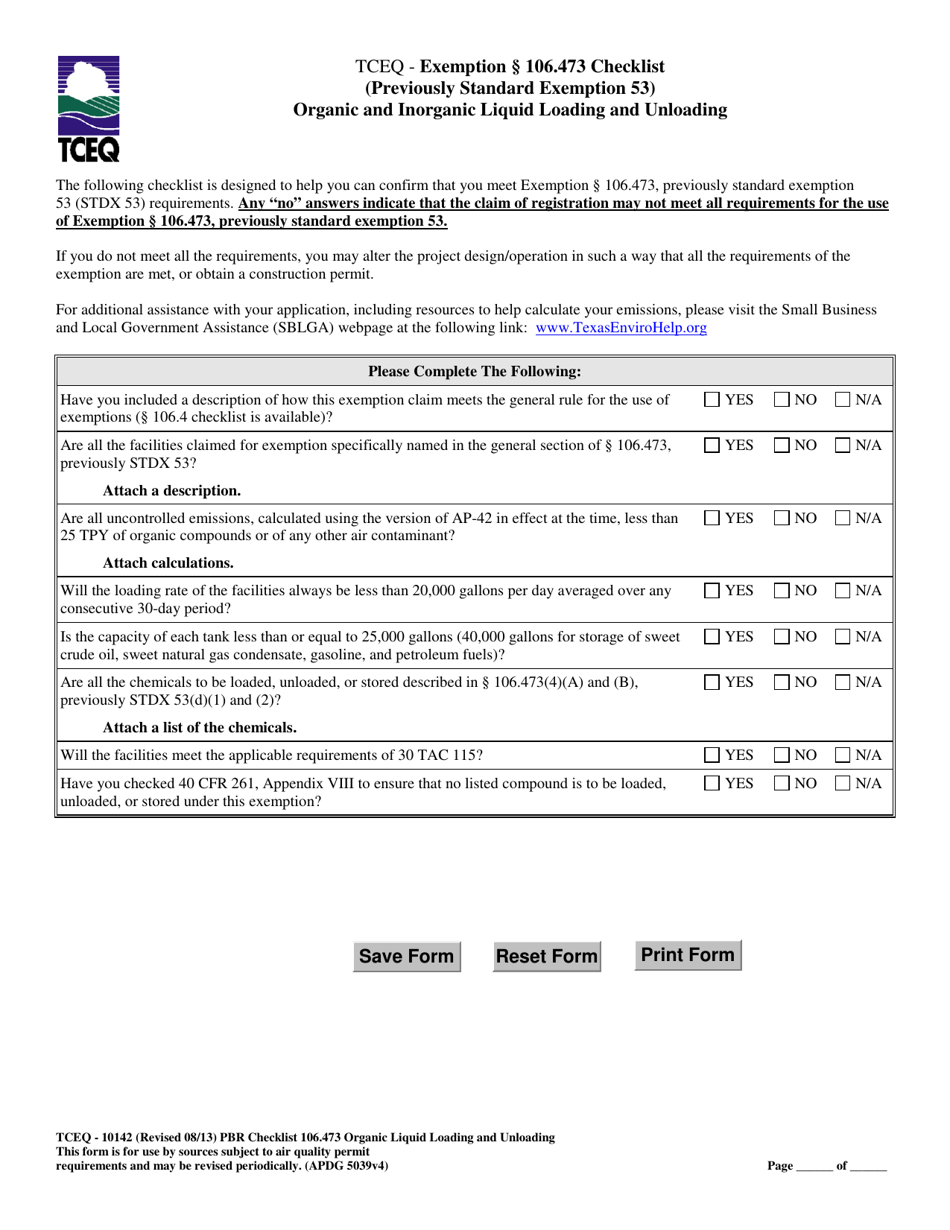 Form TCEQ-10142 Exemption 106.473 Checklist for Organic and Inorganic Liquid Loading and Unloading - Texas, Page 1
