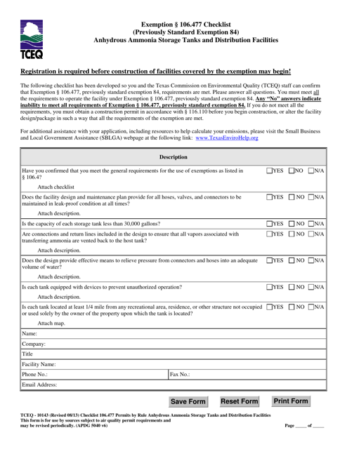 Form TCEQ-10143 Exemption 106.477 Checklist Anhydrous Ammonia Storage Tanks and Distribution Facilities - Texas