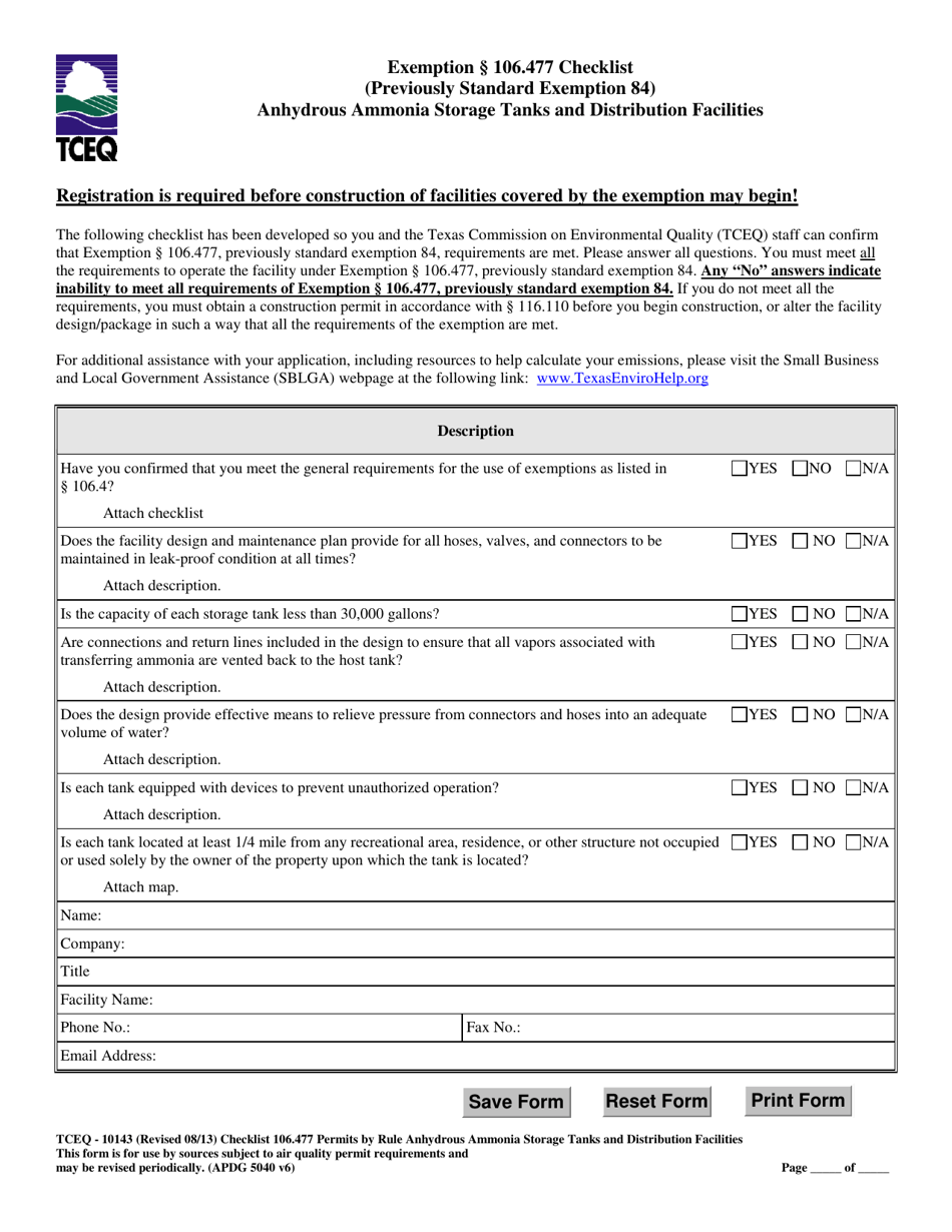 Form TCEQ-10143 Exemption 106.477 Checklist Anhydrous Ammonia Storage Tanks and Distribution Facilities - Texas, Page 1