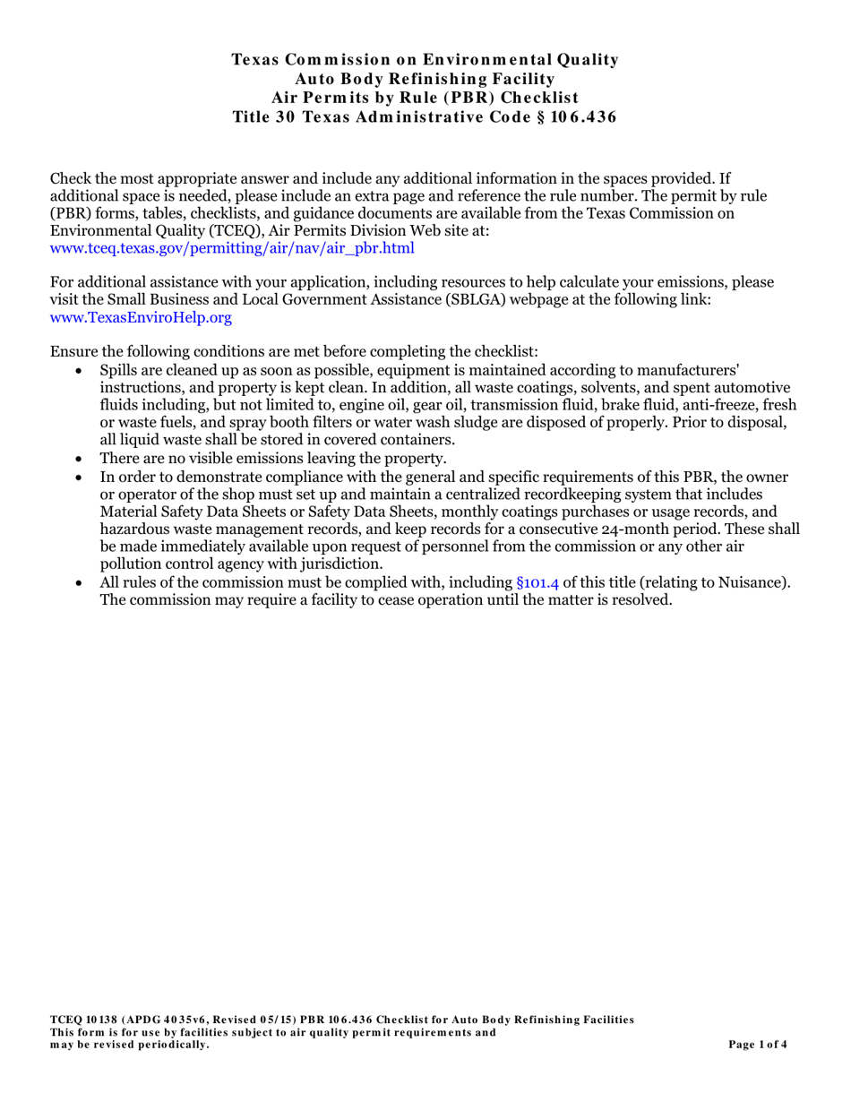 Form TCEQ-10138 Auto Body Refinishing Facility Air Permits by Rule 106.436 Checklist - Texas, Page 1