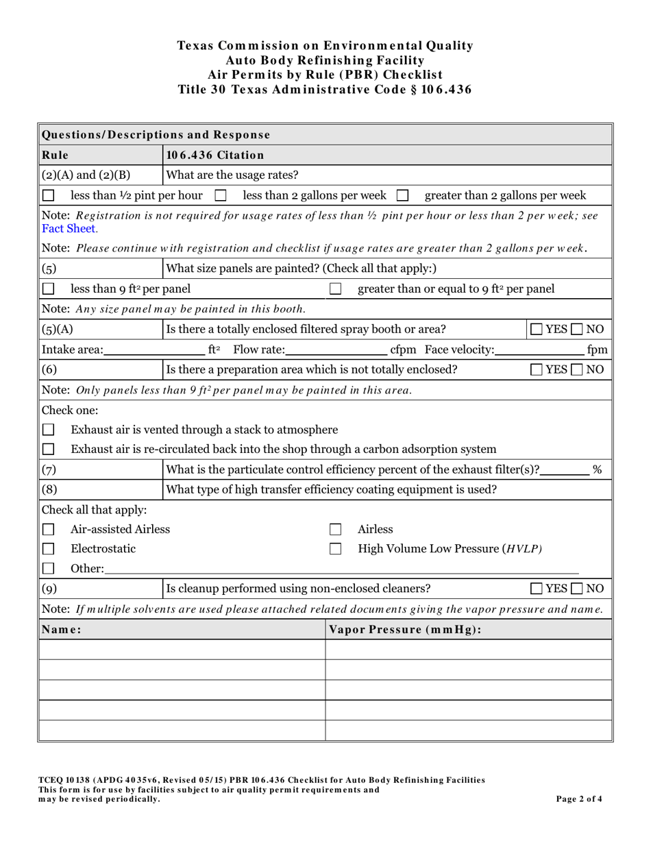 Form TCEQ-10138 Auto Body Refinishing Facility Air Permits by Rule 106.436 Checklist - Texas, Page 2