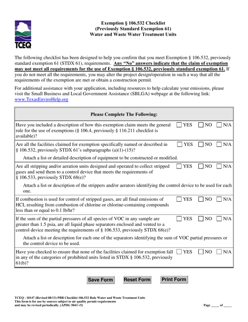 Form TCEQ-10147 Exemption 106.532 Checklist Water and Waste Water Treatment Units - Texas
