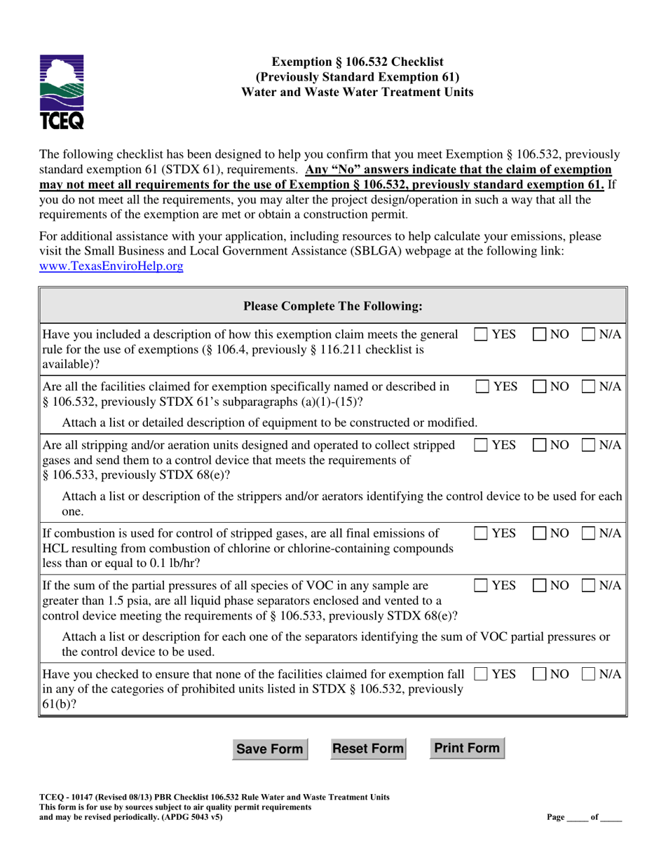 Form TCEQ-10147 Exemption 106.532 Checklist Water and Waste Water Treatment Units - Texas, Page 1