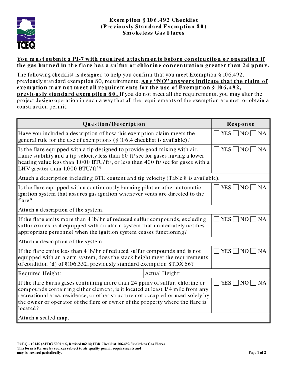 Form TCEQ-10145 Exemption 106.492 Checklist Smokeless Gas Flares - Texas, Page 1