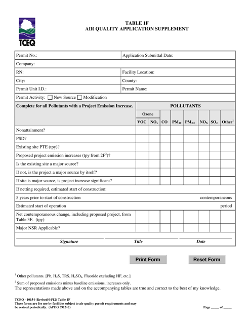 Form TCEQ-10154 Table 1F  Printable Pdf