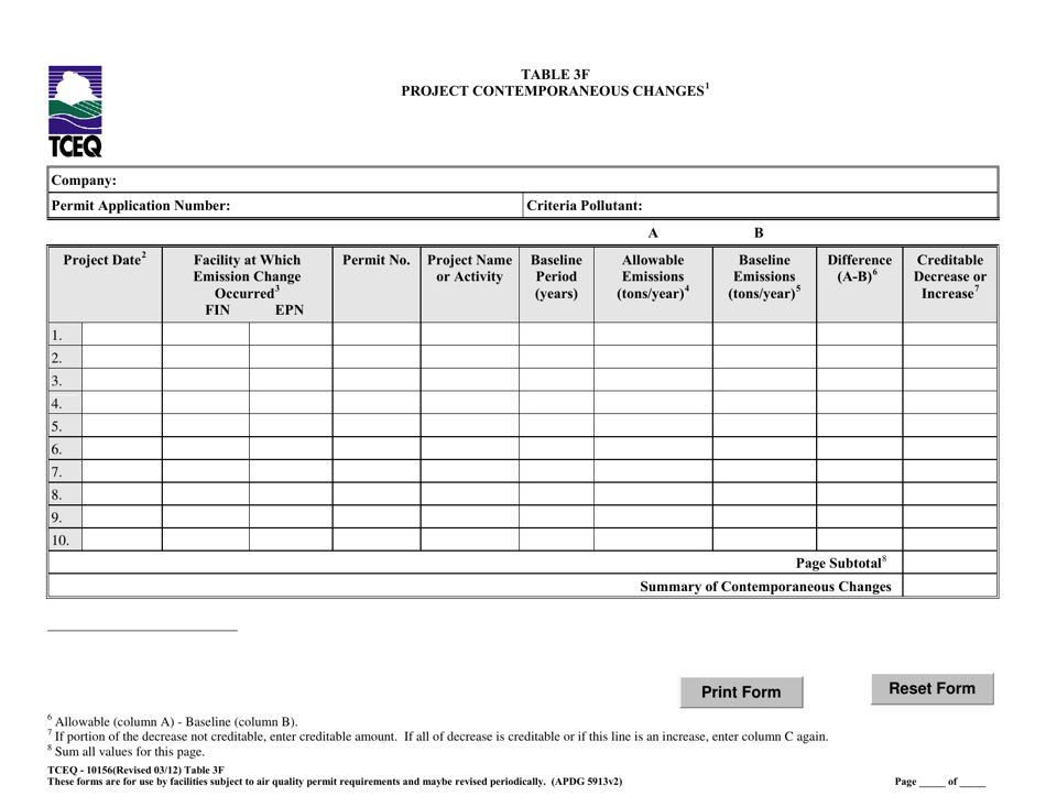 Form TCEQ-10156 Table 3F Project Contemporaneous Changes - Texas, Page 1