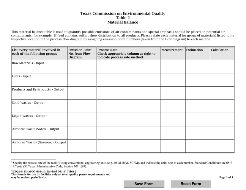 Form TCEQ-10155 Table 2 Material Balance - Texas