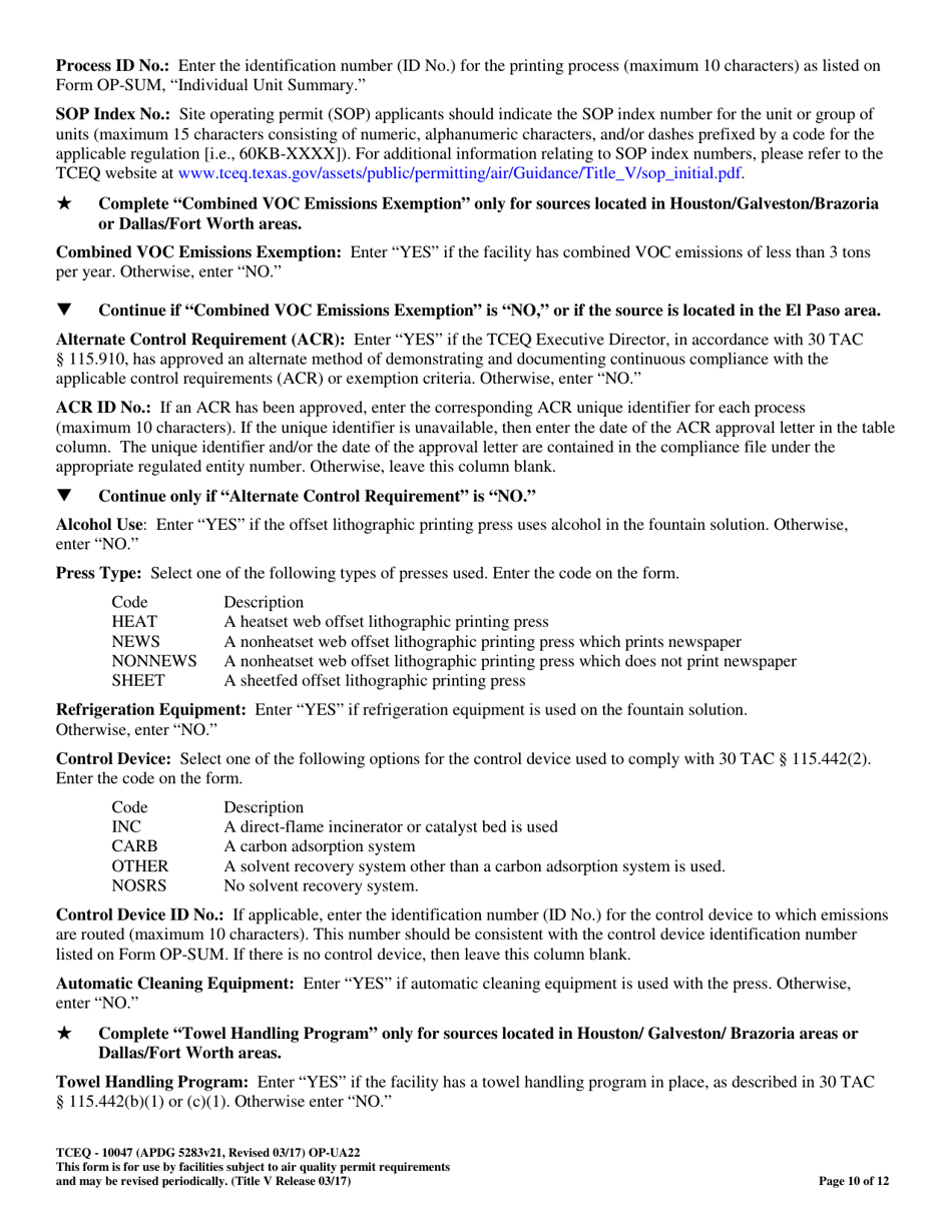 Form OP-UA22 (TCEQ-10047) Printing Attributes - Texas, Page 10
