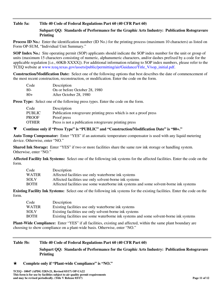 Form OP-UA22 (TCEQ-10047) Printing Attributes - Texas, Page 11