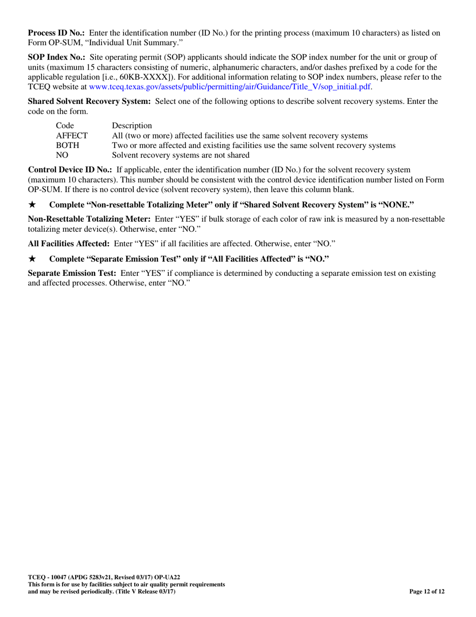 Form OP-UA22 (TCEQ-10047) Printing Attributes - Texas, Page 12