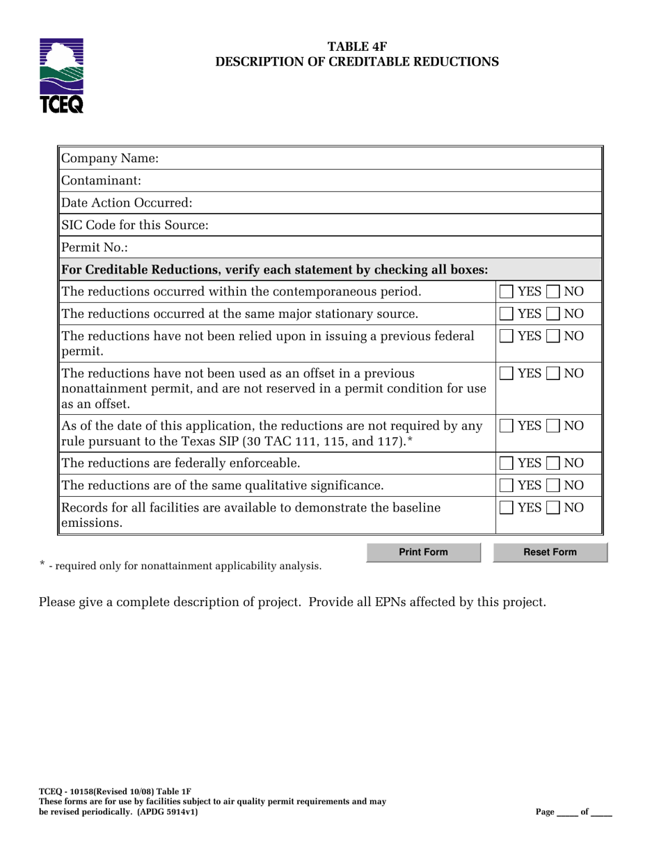 Form TCEQ-10158 Table 4F Description of Creditable Reductions - Texas, Page 1