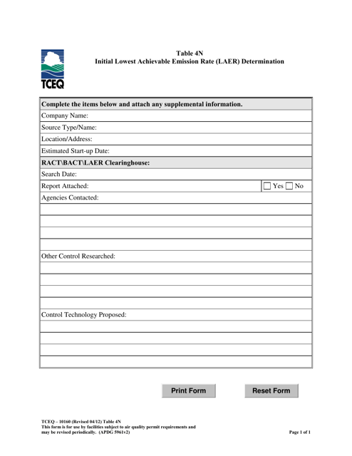 Form TCEQ-10160 Table 4N  Printable Pdf