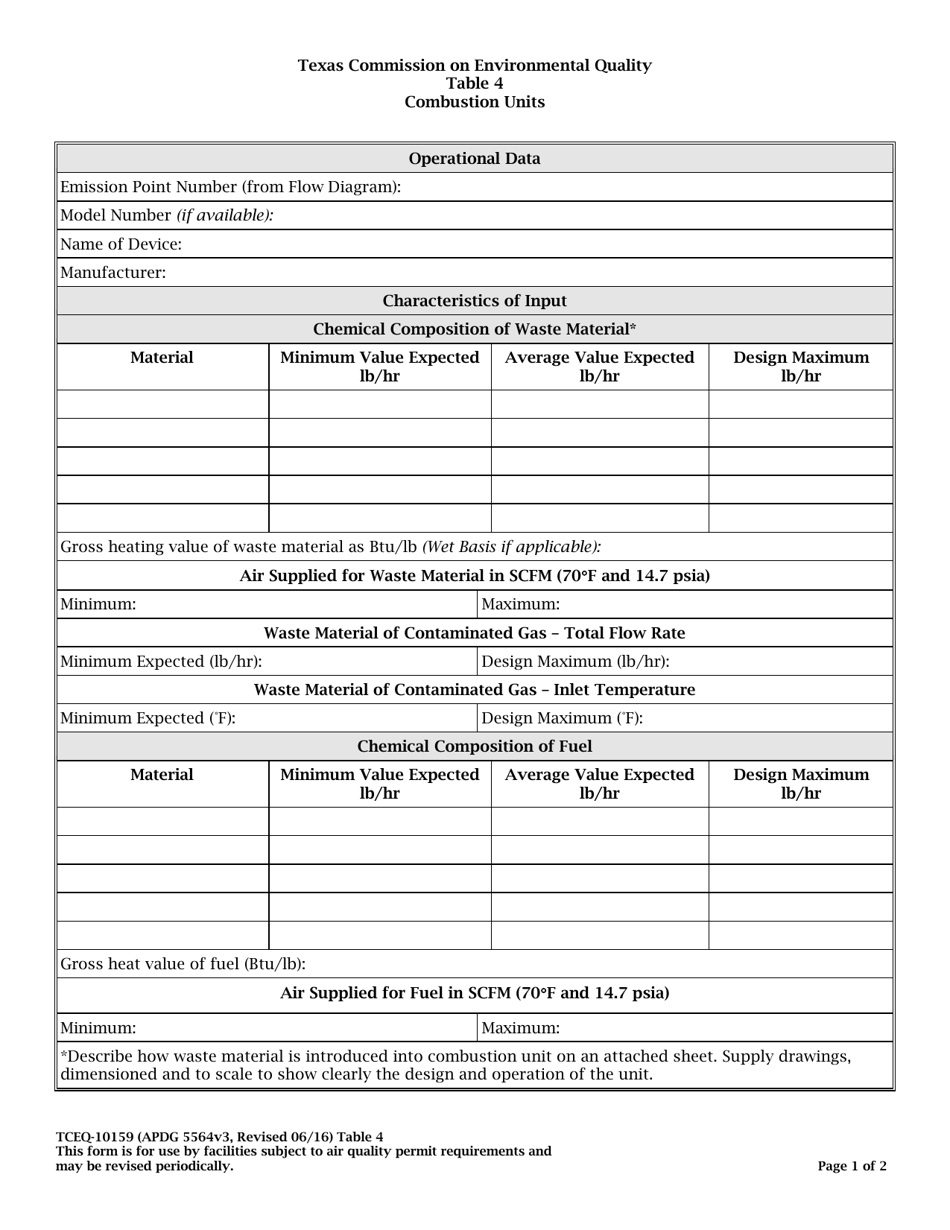 Form TCEQ-10159 Table 4 Combustion Units - Texas, Page 1