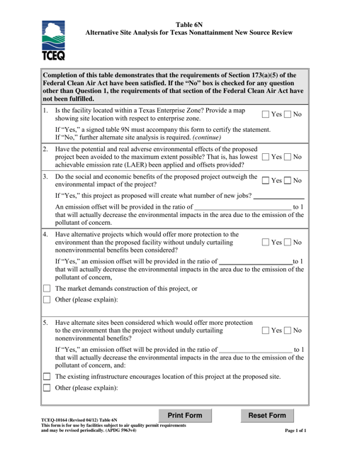 Form TCEQ-10164 Table 6N Alternative Site Analysis for Texas Nonattainment New Source Review - Texas