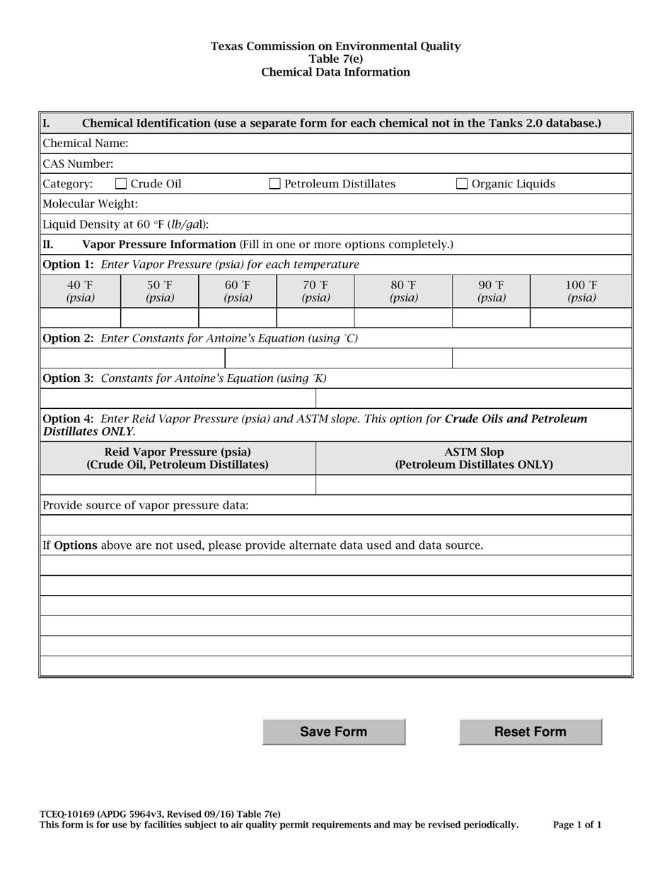 Form TCEQ-10169 Table 7(E) Chemical Data Information - Texas, Page 1