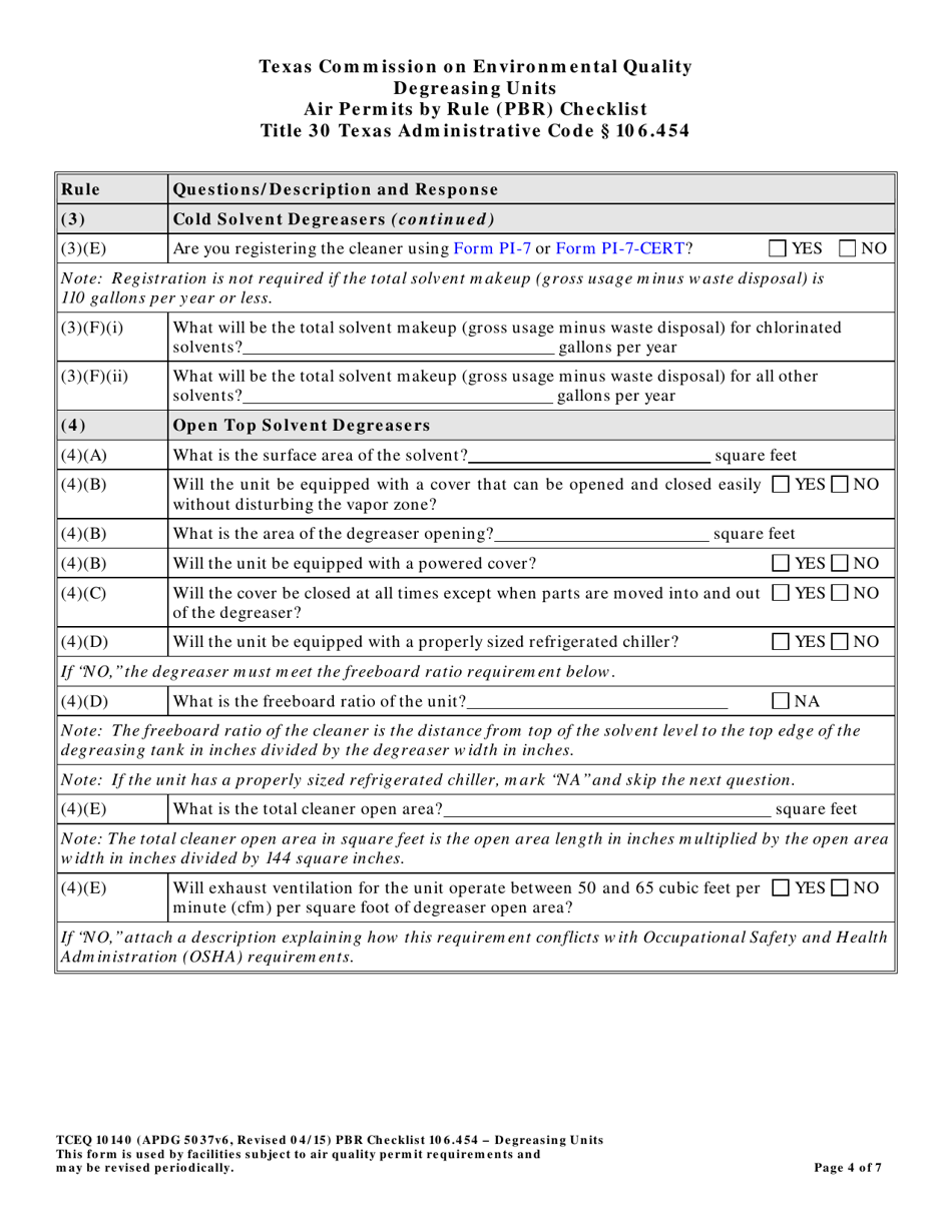 Form TCEQ-10140 Degreasing Units Air Permits by Rule 106.454 Checklist - Texas, Page 4