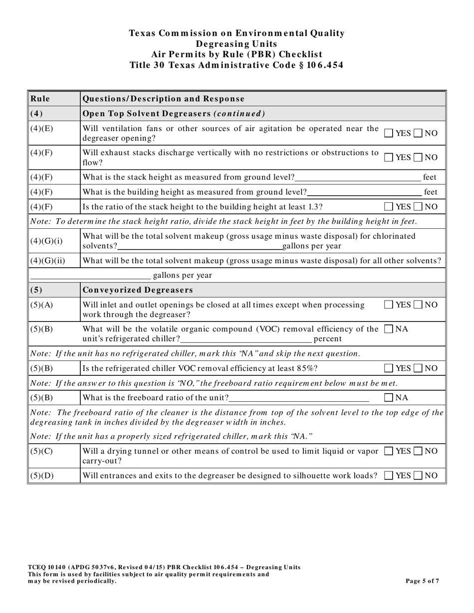 Form TCEQ-10140 Degreasing Units Air Permits by Rule 106.454 Checklist - Texas, Page 5