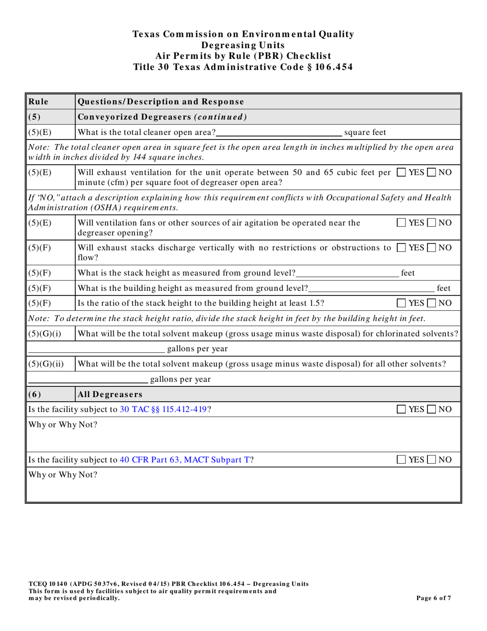 Form TCEQ-10140 Degreasing Units Air Permits by Rule 106.454 Checklist - Texas, Page 6