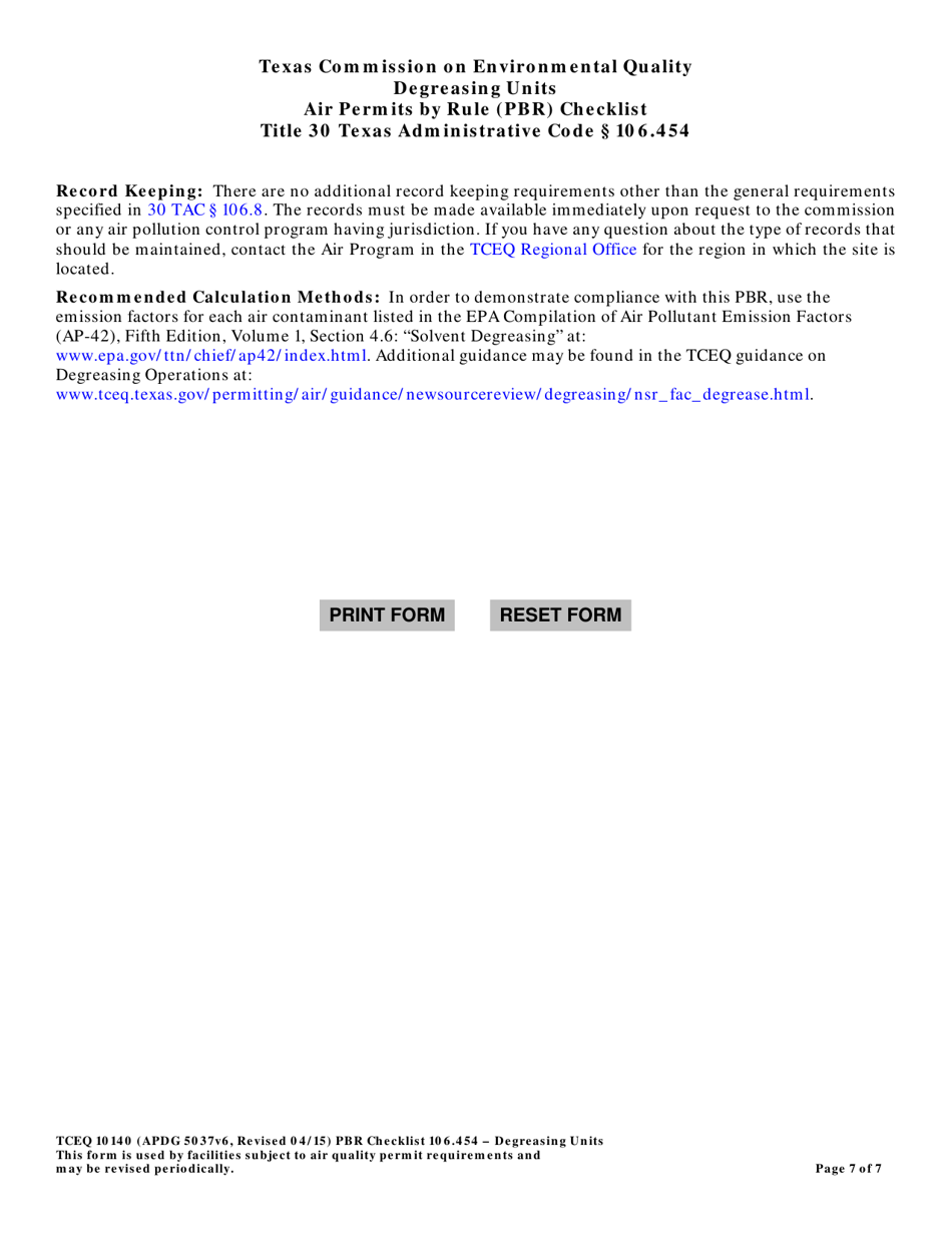 Form TCEQ-10140 Degreasing Units Air Permits by Rule 106.454 Checklist - Texas, Page 7