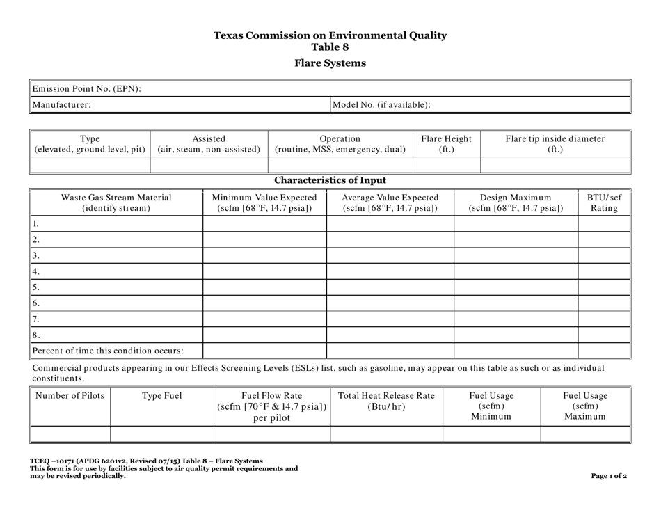 Form TCEQ-10171 Table 8 Flare Systems - Texas, Page 1