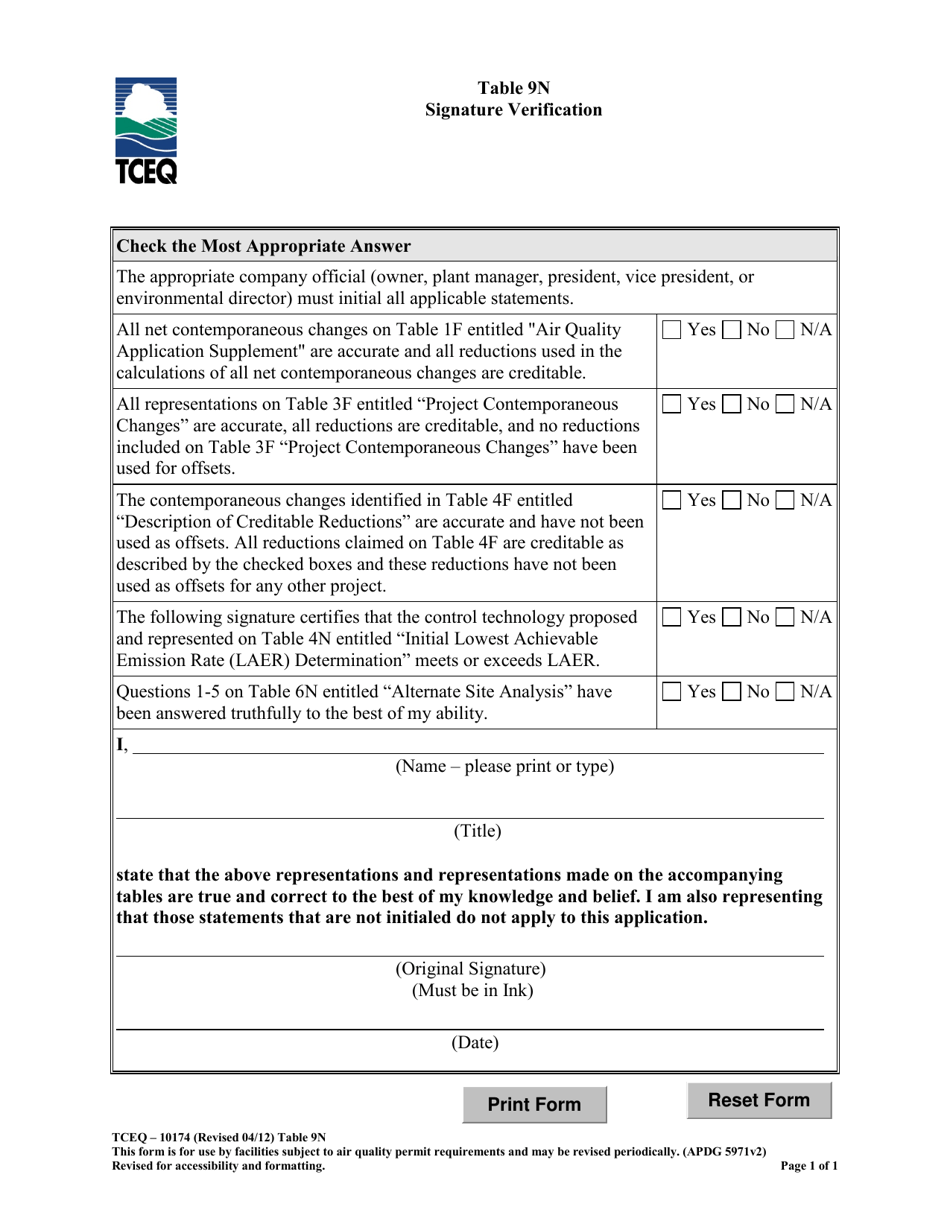 Form TCEQ-10174 Table 9N Signature Verification - Texas, Page 1
