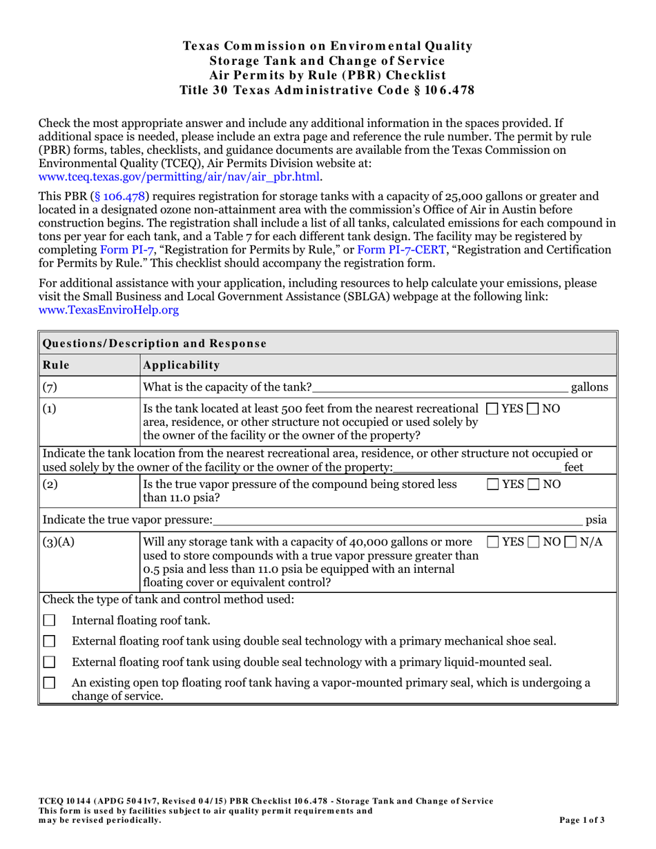 Form TCEQ-10144 Storage Tank and Change of Service Air Permits by Rule 106.478 Checklist - Texas, Page 1