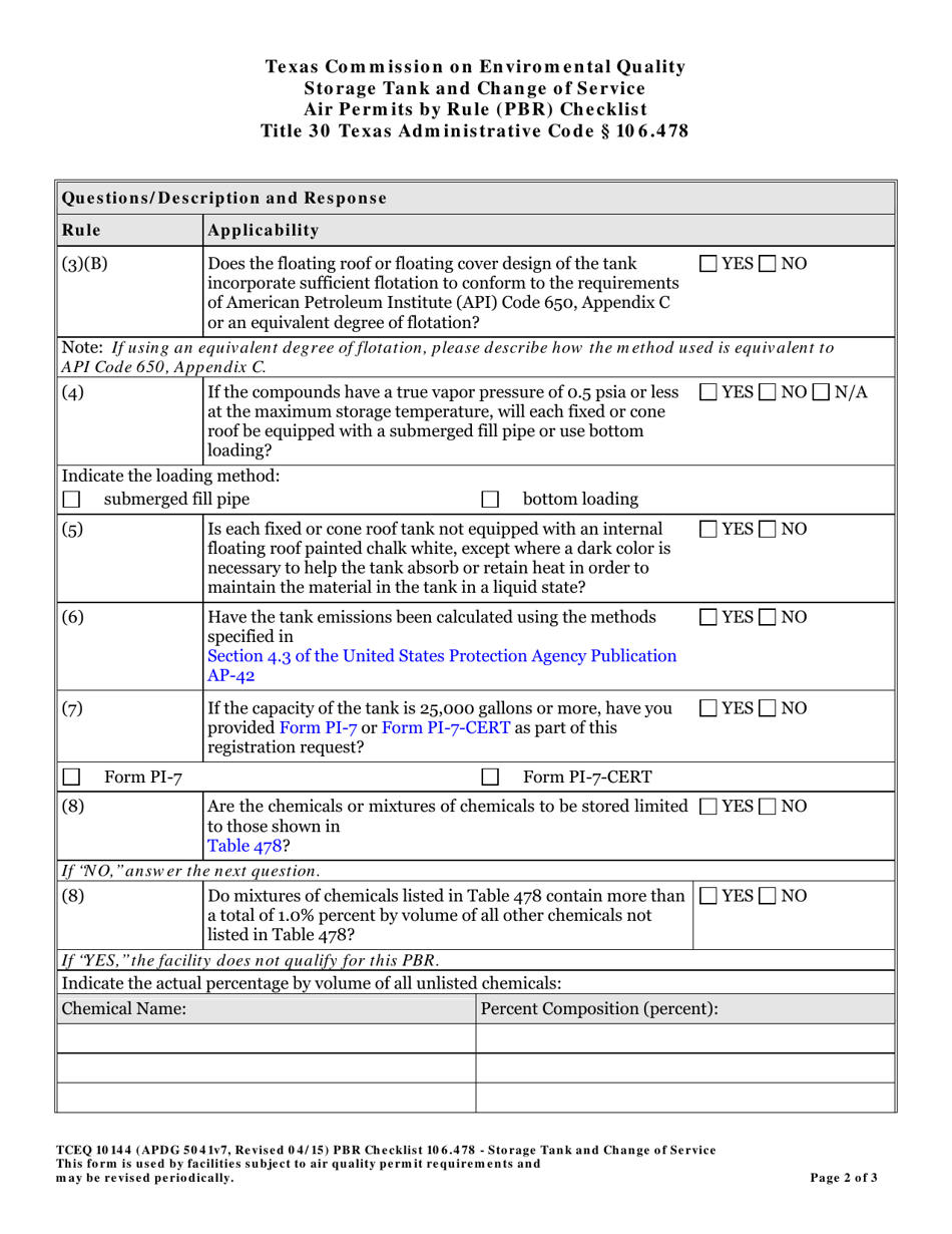 Form TCEQ-10144 Storage Tank and Change of Service Air Permits by Rule 106.478 Checklist - Texas, Page 2