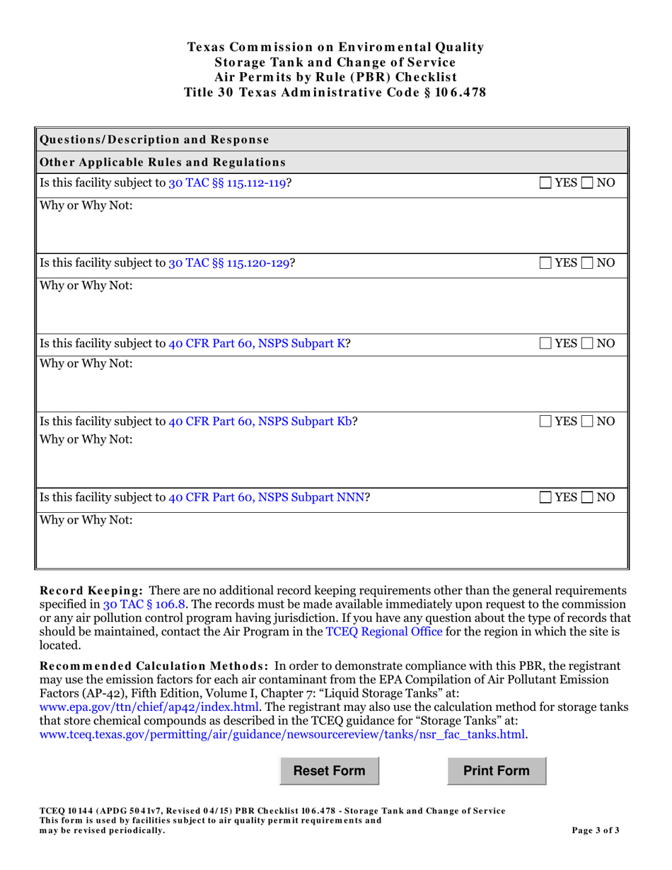 Form TCEQ-10144 Storage Tank and Change of Service Air Permits by Rule 106.478 Checklist - Texas, Page 3