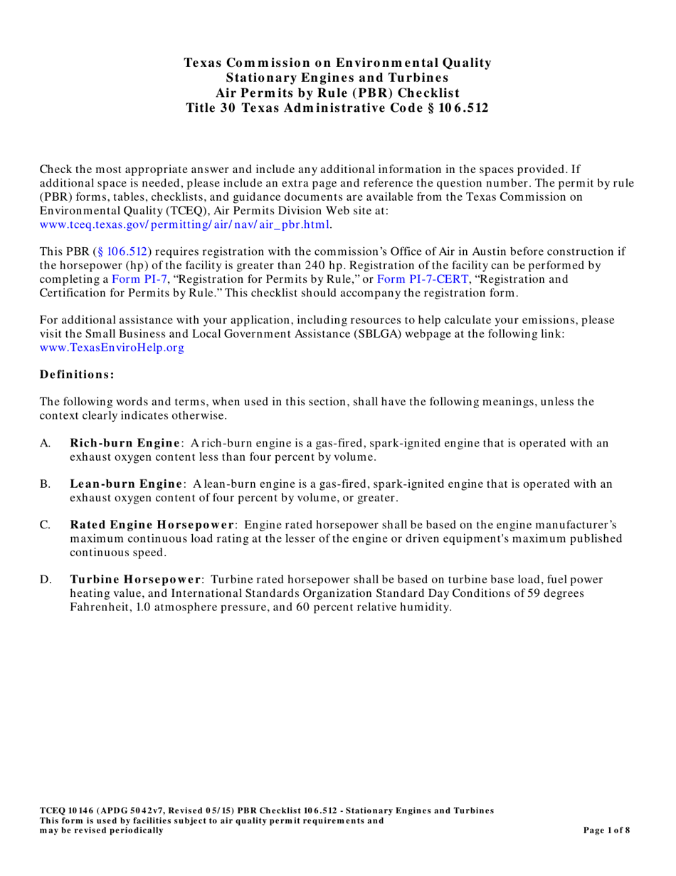 Form TCEQ-10146 Stationary Engines and Turbines Air Permits by Rule 106.512 Checklist - Texas, Page 1