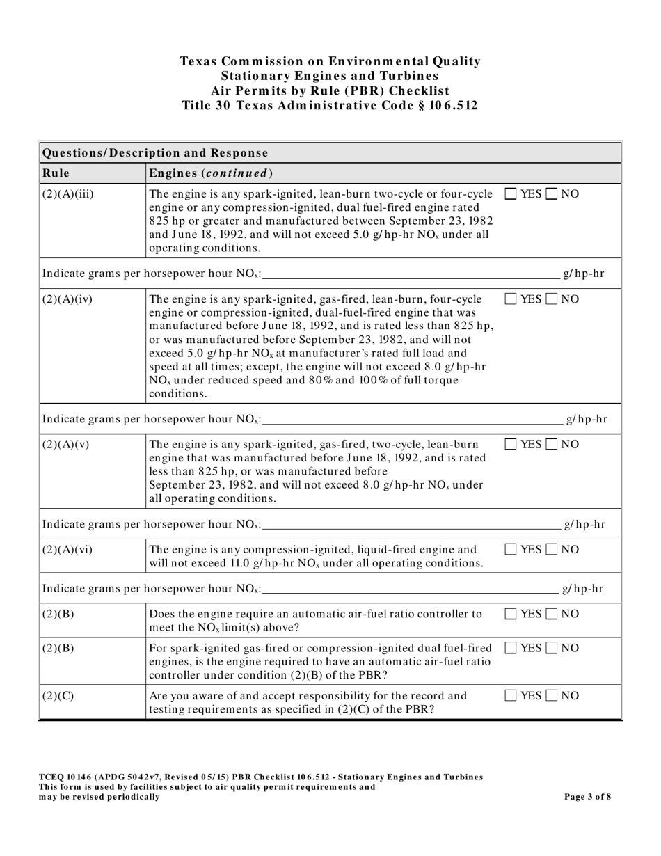 Form TCEQ-10146 Stationary Engines and Turbines Air Permits by Rule 106.512 Checklist - Texas, Page 3