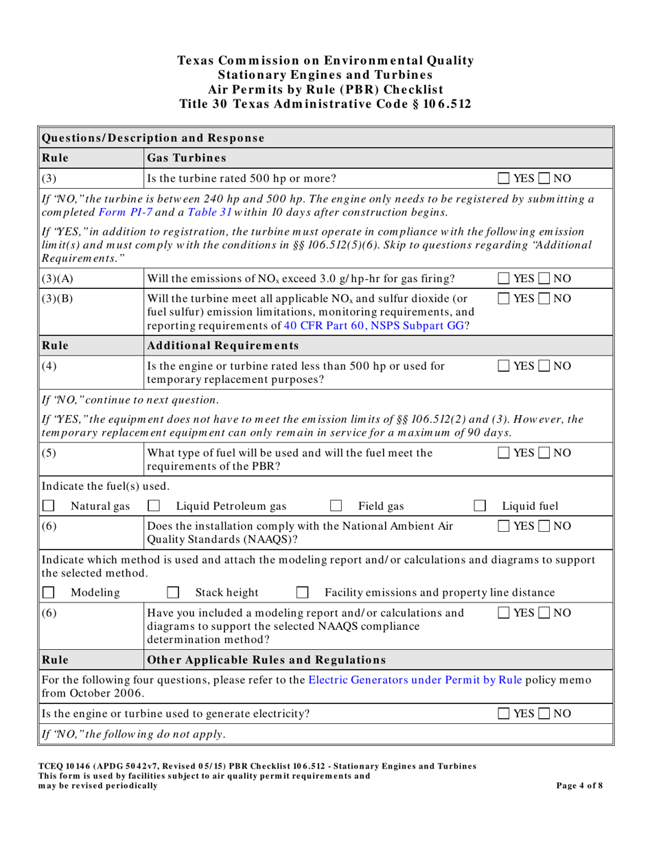 Form TCEQ-10146 Stationary Engines and Turbines Air Permits by Rule 106.512 Checklist - Texas, Page 4