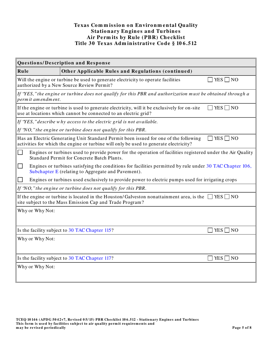 Form TCEQ-10146 Stationary Engines and Turbines Air Permits by Rule 106.512 Checklist - Texas, Page 5
