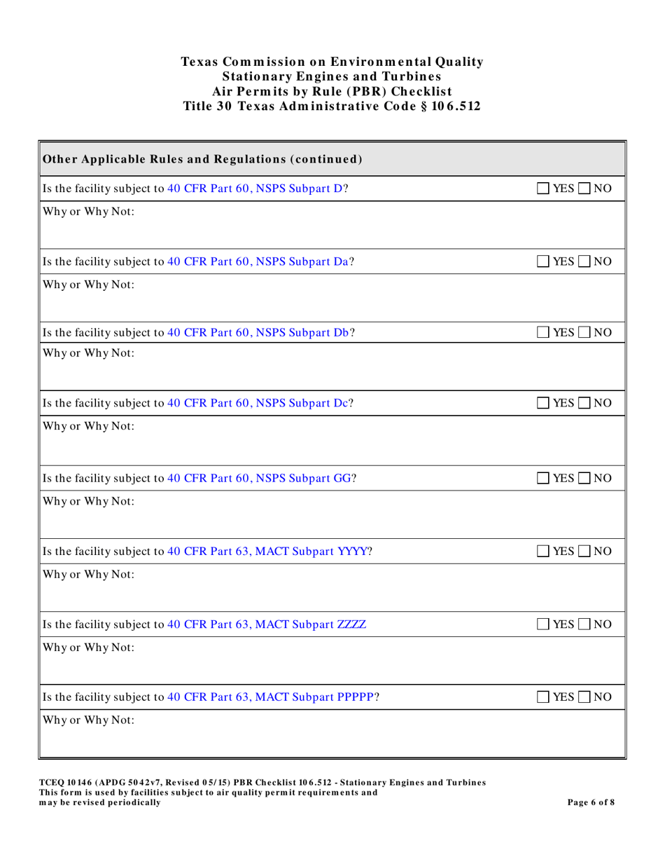 Form TCEQ-10146 Stationary Engines and Turbines Air Permits by Rule 106.512 Checklist - Texas, Page 6
