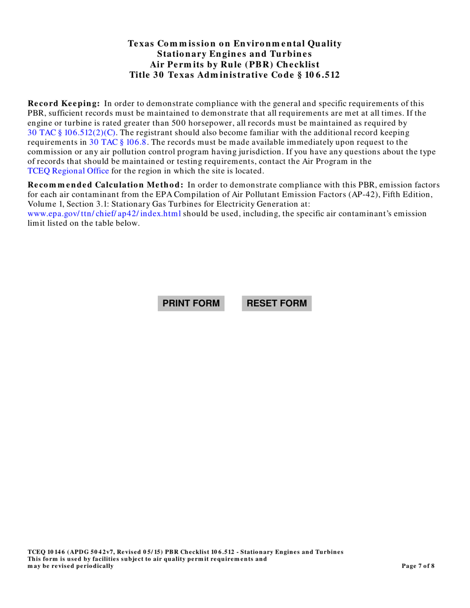 Form TCEQ-10146 Stationary Engines and Turbines Air Permits by Rule 106.512 Checklist - Texas, Page 7