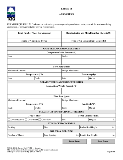 Form TCEQ-10182 Table 14  Printable Pdf