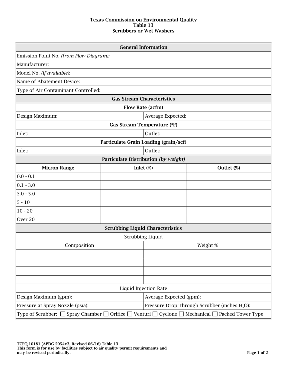 Form TCEQ-10181 Table 13 - Scrubbers or Wet Washers - Texas, Page 1