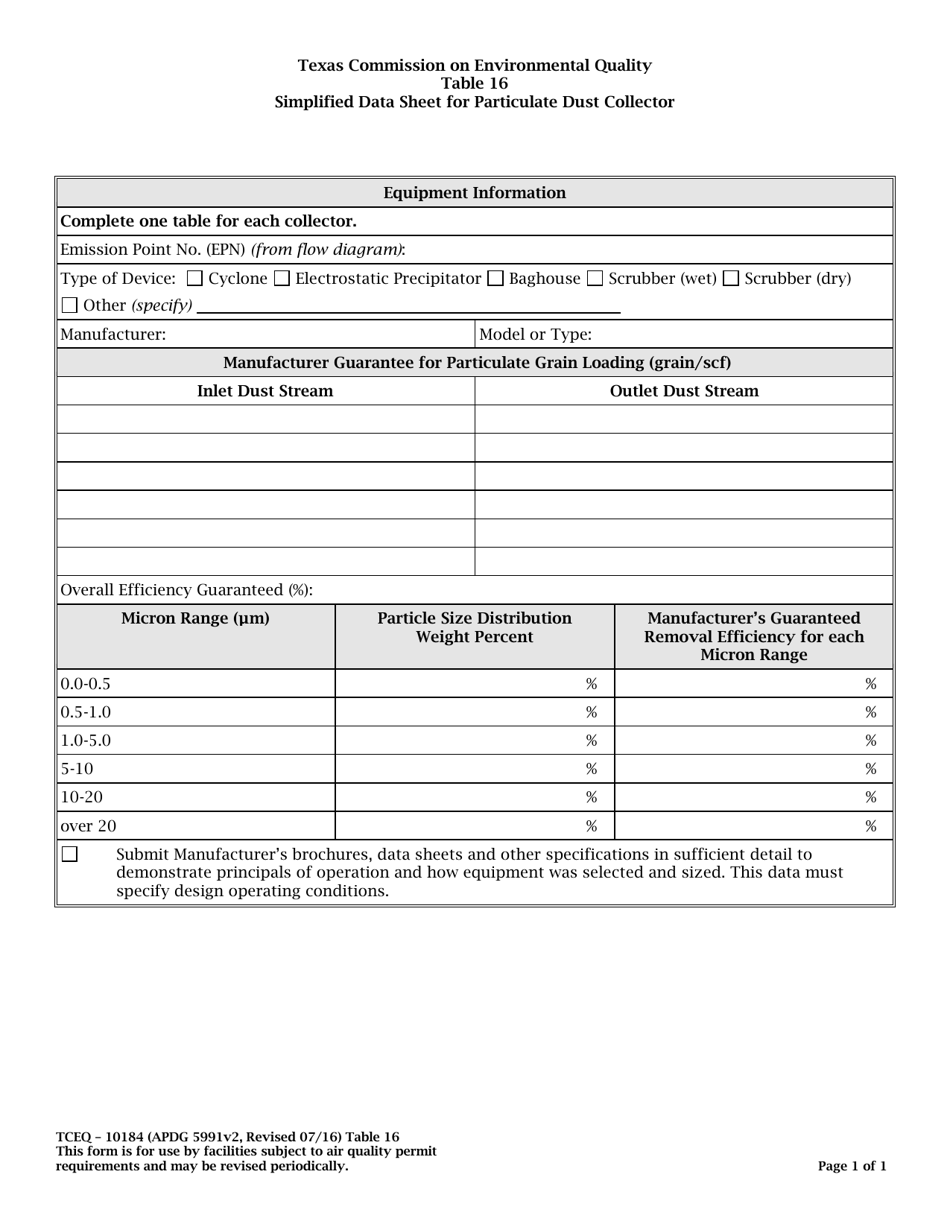 Form TCEQ-10184 Table 16 Simplified Data Sheet for Particulate Dust Collector - Texas, Page 1