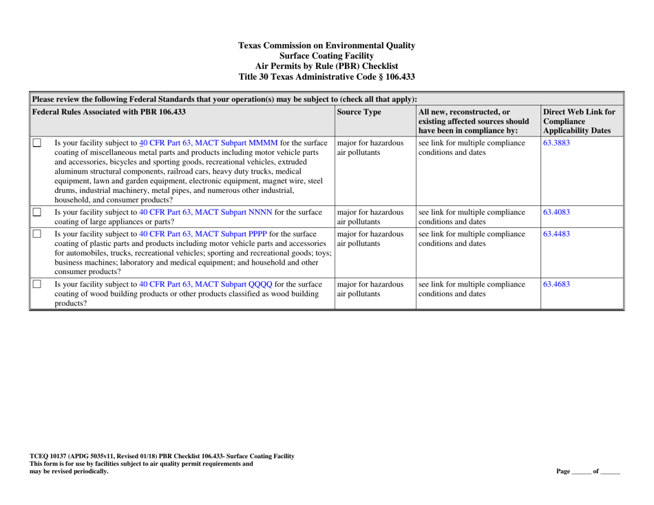 Form TCEQ-10137 Surface Coating Facility Air Permits by Rule 106.433 Checklist - Texas, Page 10