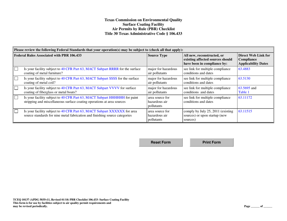 Form TCEQ-10137 Surface Coating Facility Air Permits by Rule 106.433 Checklist - Texas, Page 11