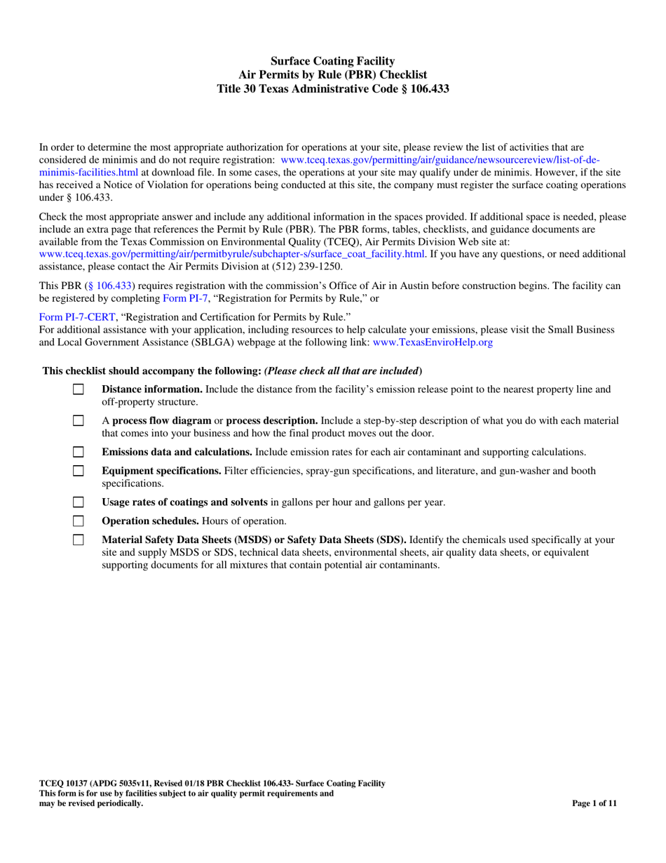 Form TCEQ-10137 Surface Coating Facility Air Permits by Rule 106.433 Checklist - Texas, Page 1