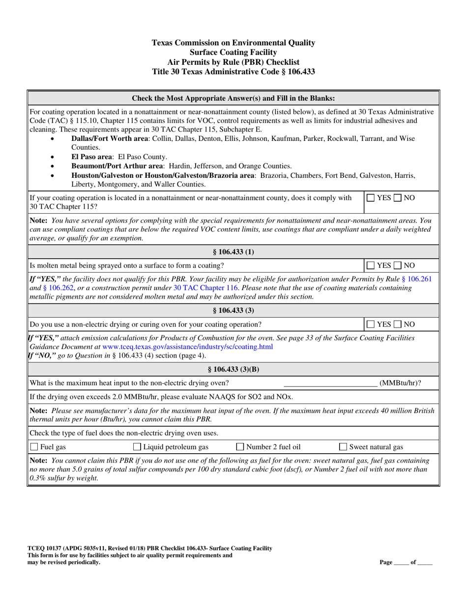 Form TCEQ-10137 Surface Coating Facility Air Permits by Rule 106.433 Checklist - Texas, Page 3