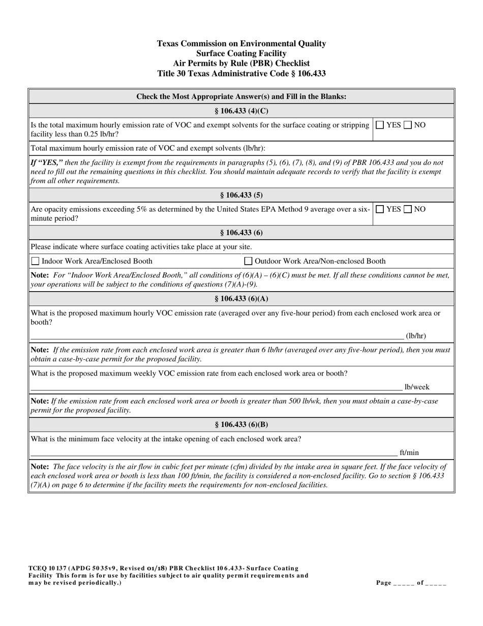 Form TCEQ-10137 Surface Coating Facility Air Permits by Rule 106.433 Checklist - Texas, Page 5