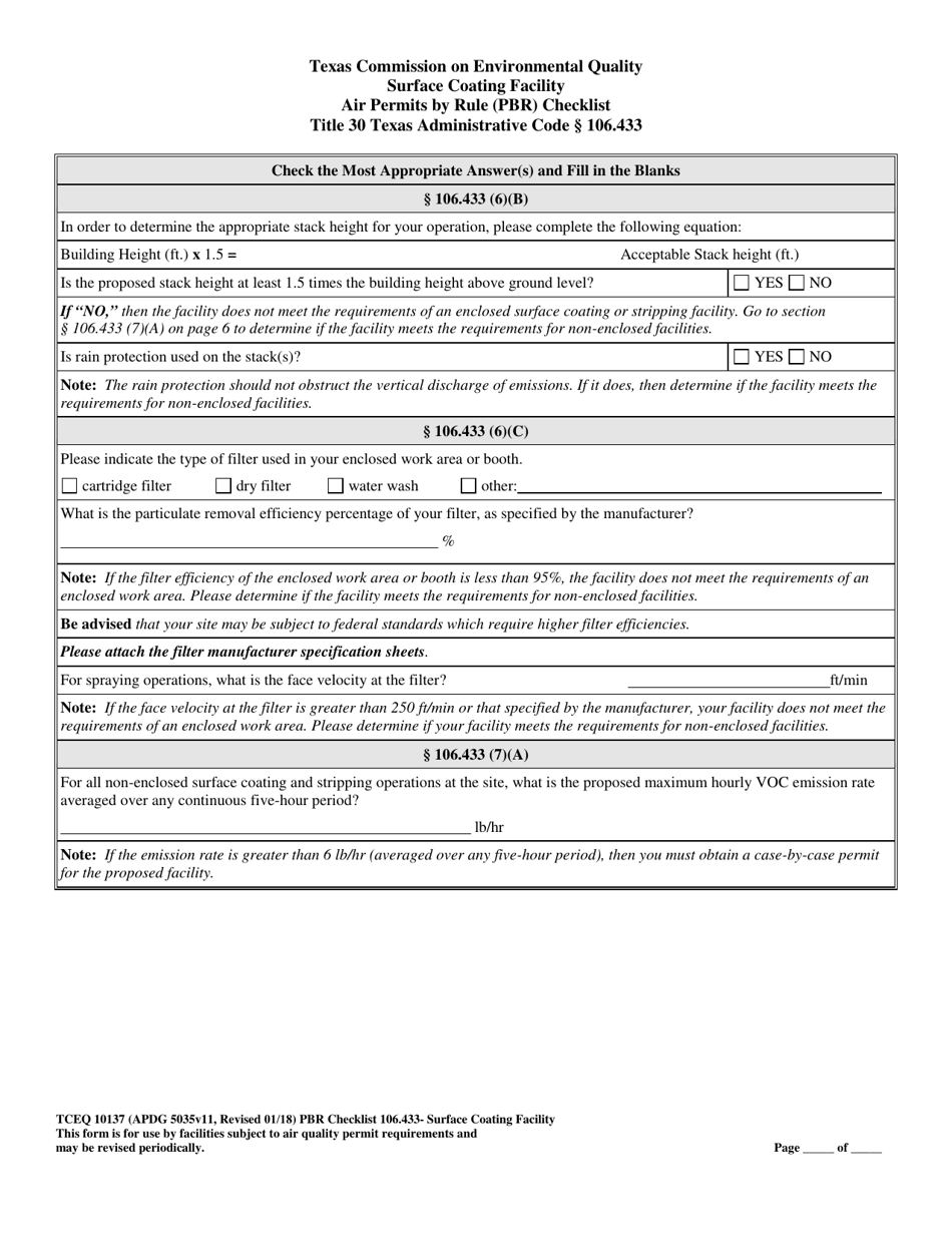 Form TCEQ-10137 Surface Coating Facility Air Permits by Rule 106.433 Checklist - Texas, Page 6